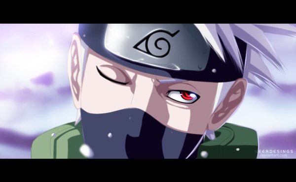 Anime picture 1000x617 with naruto studio pierrot naruto (series) hatake kakashi igeerr single short hair red eyes wide image sky cloud (clouds) white hair one eye closed wink sunlight coloring letterboxed close-up face sharingan