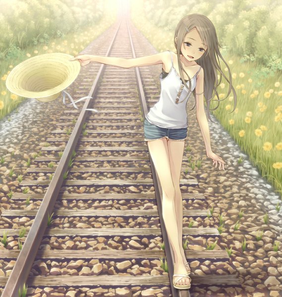 Anime picture 948x1000 with original tokumaru single long hair tall image open mouth blue eyes brown hair full body outdoors bare legs legs happy walking girl hair ornament flower (flowers) ribbon (ribbons) plant (plants) hair ribbon
