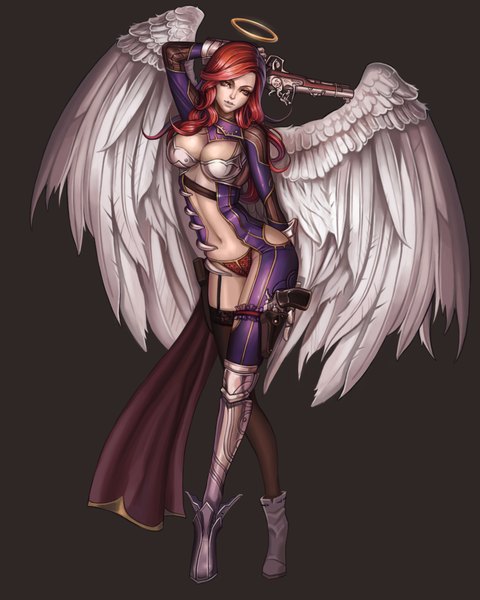 Anime picture 1600x2000 with original dantewontdie single long hair tall image looking at viewer breasts light erotic simple background red eyes cleavage red hair grey background angel wings white wings angel asymmetrical clothes girl navel underwear