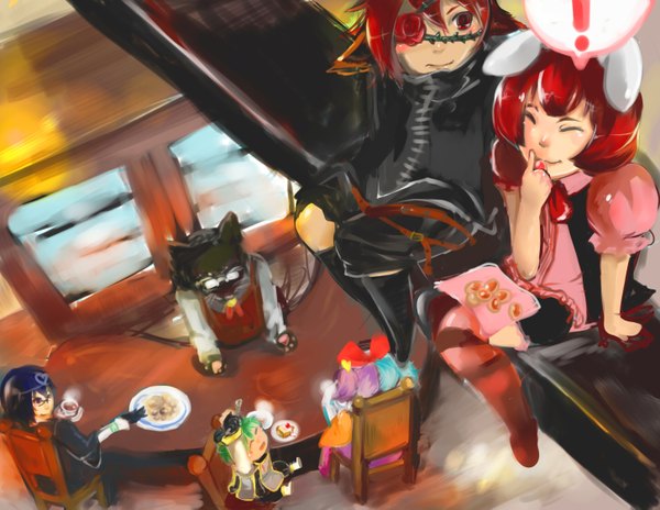 Anime picture 1452x1123 with original zigemu short hair red eyes sitting red hair eyes closed couple girl boy animal cat toy eyepatch table thorns