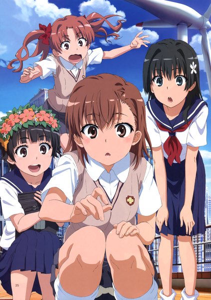 Anime picture 2185x3100 with to aru kagaku no railgun to aru majutsu no index j.c. staff misaka mikoto shirai kuroko saten ruiko uiharu kazari tanaka yuuichi long hair tall image blush highres short hair open mouth blue eyes black hair brown hair twintails multiple girls brown eyes