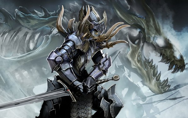 Anime picture 1920x1200 with nebezial highres wide image teeth fang (fangs) skeleton cropped army gloves weapon sword armor helmet dragon thorns