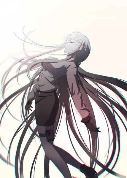 Anime picture 1200x1682 with dangan ronpa kirigiri kyouko qosic single tall image fringe simple background white background bent knee (knees) ponytail very long hair grey hair monochrome arched back girl skirt gloves shirt boots black skirt