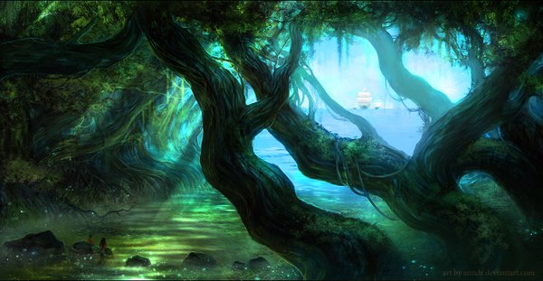 Anime picture 1680x873 with anndr (artist) long hair short hair brown hair wide image signed sky sunlight back landscape river girl boy plant (plants) tree (trees) water sea forest stone (stones) watercraft