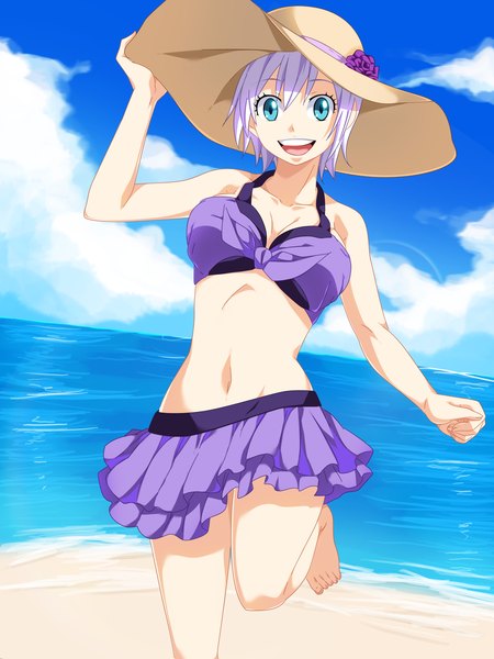 Anime picture 4050x5400 with fairy tail lisanna strauss tongasart single tall image highres short hair open mouth blue eyes light erotic smile absurdres sky cloud (clouds) white hair barefoot coloring girl navel hat