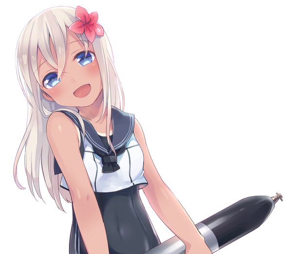 Anime picture 918x800 with kantai collection ro-500 submarine u-511 submarine fujino (unajisaiko) single long hair looking at viewer blush open mouth blue eyes simple background white background bare shoulders silver hair hair flower tan tan lines girl hair ornament flower (flowers)