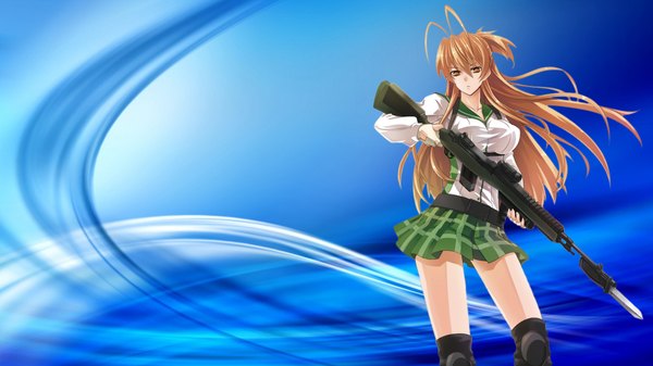 Anime picture 1920x1080 with highschool of the dead madhouse miyamoto rei long hair highres light erotic brown hair wide image yellow eyes serafuku gun