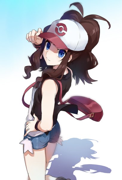 Anime picture 700x1027 with pokemon pokemon black and white nintendo hilda (pokemon) shirako miso single long hair tall image looking at viewer blue eyes simple background brown hair bare shoulders ponytail from above shadow hand on hip girl shorts short shorts