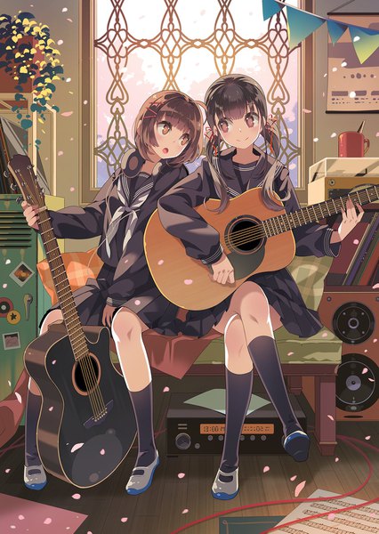 Anime picture 1272x1793 with original bf. (sogogiching) long hair tall image fringe short hair open mouth black hair smile brown hair sitting twintails multiple girls brown eyes looking away full body crossed legs low twintails headphones around neck playing instrument