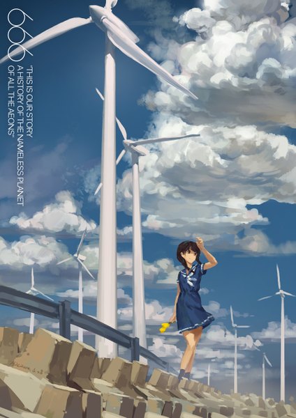 Anime picture 909x1286 with original hjl single long hair tall image brown hair brown eyes looking away sky cloud (clouds) braid (braids) inscription twin braids scenic girl dress flower (flowers) fan sailor suit