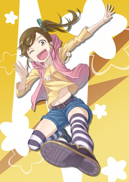 Anime picture 709x1000 with idolmaster futami mami mofu single long hair tall image looking at viewer brown hair brown eyes ponytail one eye closed wink depth of field side ponytail weightlessness casual girl thighhighs navel flower (flowers)
