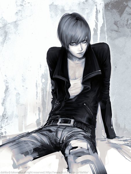 Anime picture 816x1079 with original takenaka single tall image looking at viewer short hair sitting signed monochrome boy jacket belt jeans