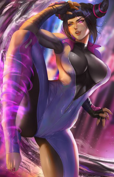 Anime picture 3300x5100 with street fighter capcom han juri nopeys single tall image fringe highres short hair breasts open mouth light erotic black hair large breasts standing purple eyes looking away absurdres blunt bangs nail polish