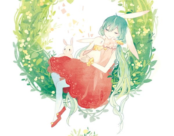 Anime picture 1000x784 with vocaloid hatsune miku kyang692 single long hair blush white background sitting twintails eyes closed green hair bunny ears sleeveless girl dress pantyhose bunny