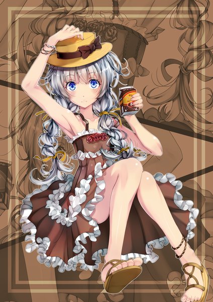 Anime picture 770x1089 with original yukijirushi yukiko-tan amayofoo single long hair tall image blush blue eyes silver hair braid (braids) armpit (armpits) legs twin braids girl dress ribbon (ribbons) hair ribbon hat frills