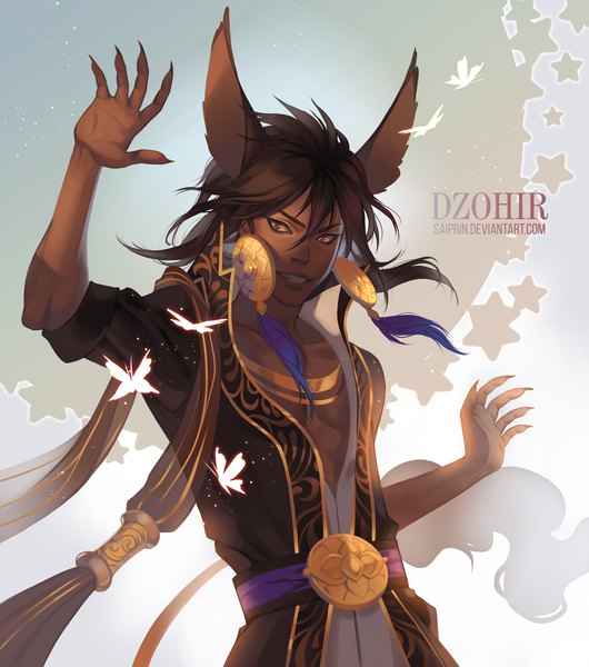 Anime picture 1060x1200 with original dzohir saiprin single tall image looking at viewer fringe short hair hair between eyes brown hair signed animal ears upper body tail animal tail pink eyes arm up character names dark skin demon