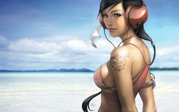 Anime picture 1400x875 with original pepper project artgerm (stanley lau) long hair black hair wide image bare shoulders brown eyes realistic tattoo beach swimsuit animal bikini headphones bird (birds) seagull