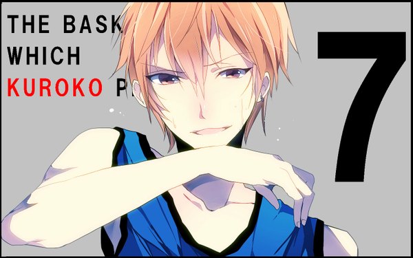 Anime picture 1500x938 with kuroko no basket production i.g kise ryouta mihatarou single looking at viewer short hair open mouth blonde hair wide image bare shoulders brown eyes inscription grey background sweat boy