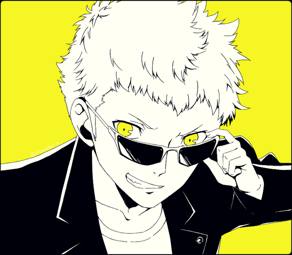 Anime picture 800x701 with persona 5 persona sakamoto ryuuji kawasemi sumika single looking at viewer short hair simple background smile yellow eyes grin monochrome face yellow background adjusting sunglasses boy sunglasses