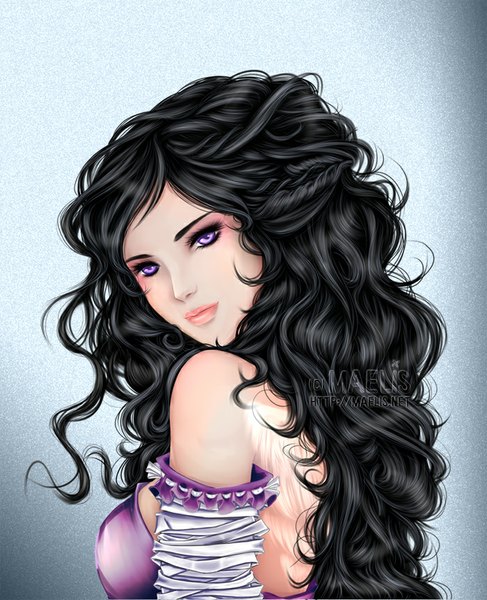 Anime picture 700x861 with original m-aelis single long hair tall image looking at viewer black hair simple background purple eyes bare shoulders signed looking back lips grey background wavy hair girl detached sleeves
