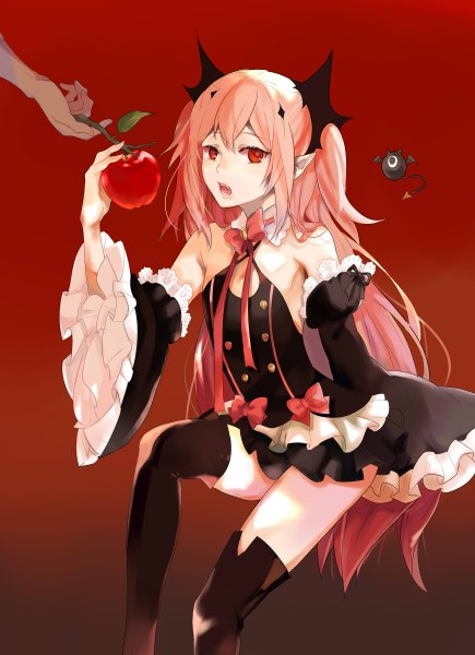 Anime picture 1740x2400 with owari no seraph wit studio kururu tepes arukanu dolce long hair tall image looking at viewer fringe highres breasts open mouth red eyes bare shoulders holding pink hair bent knee (knees) arm up pointy ears wide sleeves