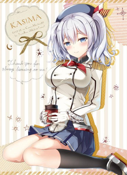 Anime picture 1000x1379 with kantai collection kashima training cruiser sousouman single long hair tall image looking at viewer blush blue eyes smile silver hair girl skirt gloves socks white gloves black socks beret epaulettes