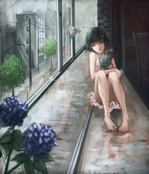 Anime picture 3000x3494 with original baka (mh6516620) single tall image highres short hair open mouth black hair barefoot black eyes bare legs rain girl dress flower (flowers) plant (plants) tree (trees) window toy stuffed animal