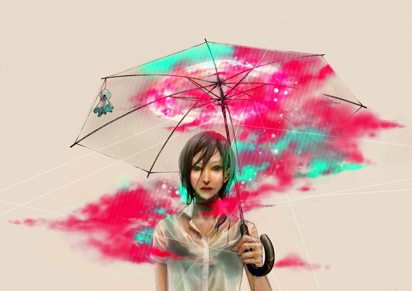 Anime picture 2233x1579 with original taki (artist) single highres short hair black hair green eyes wet rain multicolored boy umbrella