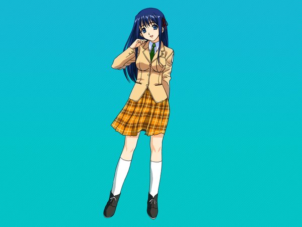Anime picture 1600x1200 with original a1 single long hair looking at viewer open mouth blue eyes smile blue hair full body long sleeves :d wallpaper plaid skirt third-party edit striped background aqua background extended girl skirt