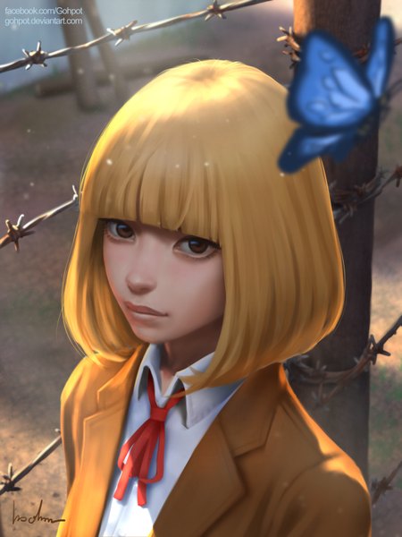Anime picture 1200x1600 with kangoku gakuen midorikawa hana gohpot single tall image looking at viewer fringe short hair blonde hair brown eyes signed blunt bangs from above portrait girl uniform school uniform insect butterfly barbed wire