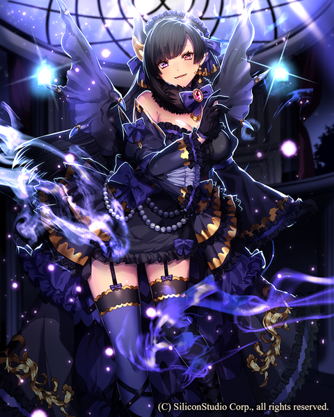 Anime picture 800x1000 with gyakushuu no fantasica original katagiri hachigou single long hair tall image black hair horn (horns) heterochromia girl thighhighs dress gloves bow black thighhighs detached sleeves black gloves frills