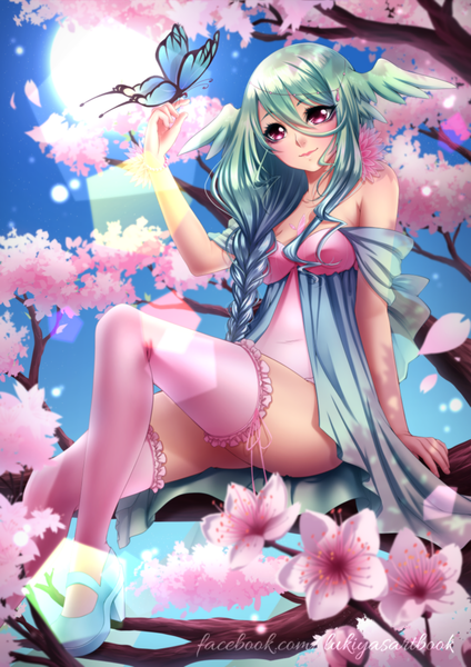 Anime picture 919x1300 with original lukiya single long hair tall image blush fringe light erotic hair between eyes sitting bare shoulders signed blue hair pink eyes multicolored hair green hair two-tone hair head wings girl thighhighs