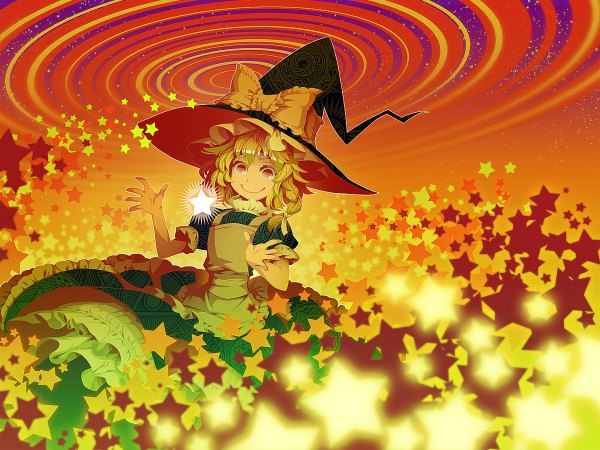Anime picture 1200x900 with touhou kirisame marisa zounose single long hair blonde hair smile braid (braids) orange eyes witch girl bow star (symbol) witch hat