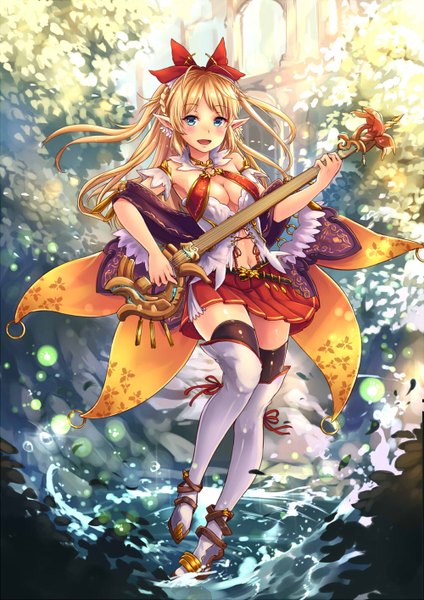 Anime picture 1000x1414 with original ks single long hair tall image looking at viewer blush open mouth blue eyes blonde hair cleavage girl skirt hair ornament miniskirt water thigh boots musical instrument splashes bushes