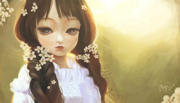 Anime picture 4000x2293 with original craelle single long hair highres black hair wide image signed looking away absurdres braid (braids) hair flower lips grey eyes twin braids girl dress hair ornament flower (flowers) white dress