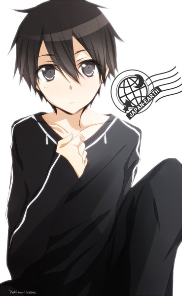 Anime picture 1100x1785 with sword art online a-1 pictures kirigaya kazuto tsukimori usako single tall image looking at viewer short hair black hair simple background white background sitting signed black eyes boy