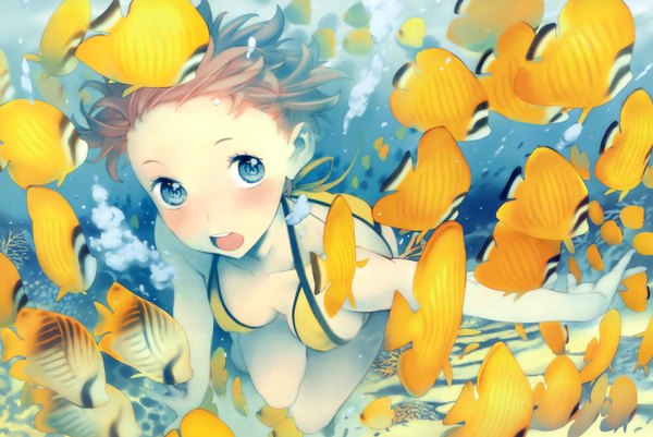 Anime picture 1500x1004 with nanairo rainbow dengeki moeou nishieda single looking at viewer blush short hair breasts open mouth blue eyes brown hair bare shoulders barefoot underwater sand girl swimsuit water bubble (bubbles) fish (fishes)