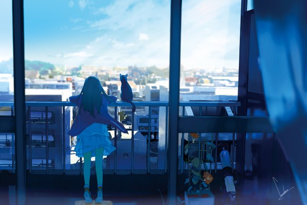 Anime picture 1929x1292 with mata onaji yume wo miteita koyanagi nanoka loundraw single long hair highres standing sitting signed sky cloud (clouds) outdoors wind grey hair from behind blurry open clothes arm support city cityscape