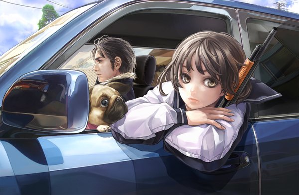 Anime picture 1500x979 with original necco (artist) short hair black hair brown eyes profile girl boy uniform weapon school uniform animal gun ground vehicle dog car