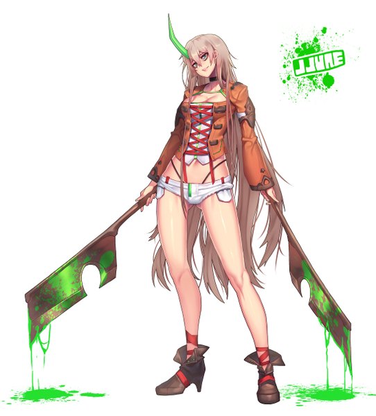Anime picture 1094x1209 with original jjune single tall image looking at viewer breasts blue eyes light erotic simple background smile standing white background holding very long hair parted lips horn (horns) grey hair bare legs lacing girl