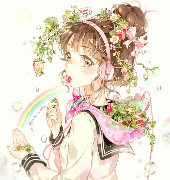 Anime picture 1041x1100 with original hoshii hisa single long hair tall image looking at viewer blush fringe brown hair holding hair flower hair bun (hair buns) mouth hold freckles girl uniform hair ornament flower (flowers) plant (plants) serafuku