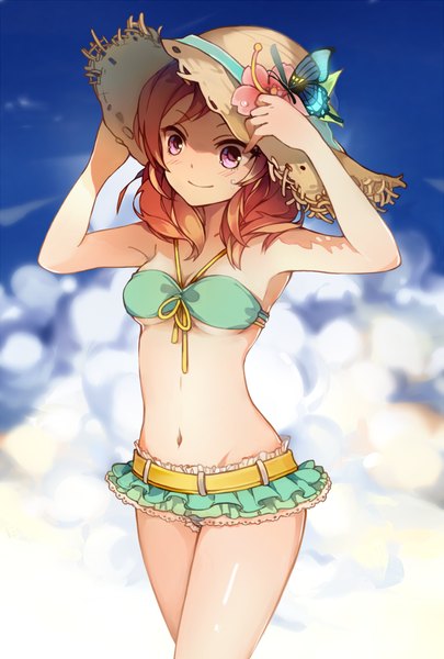 Anime picture 810x1200 with love live! school idol project sunrise (studio) love live! nishikino maki xiaohan single tall image blush short hair breasts light erotic purple eyes looking away sky cloud (clouds) red hair bare belly underboob girl skirt