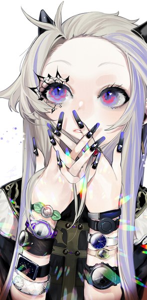 Anime picture 1684x3416 with original ohisashiburi single long hair tall image simple background white background purple eyes upper body nail polish horn (horns) fingernails grey hair looking up long fingernails slit pupils black nail polish makeup blue nail polish nail art