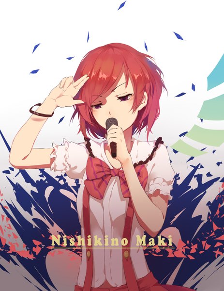 Anime picture 1671x2162 with love live! school idol project sunrise (studio) love live! nishikino maki huanxiang heitu single tall image short hair red eyes red hair inscription character names looking down singing girl skirt bowtie microphone suspenders idol