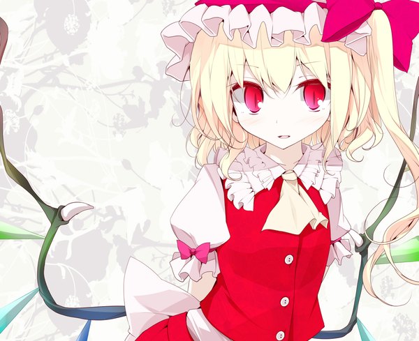 Anime picture 2217x1808 with touhou flandre scarlet oouso (usotsukiya) single highres short hair blonde hair red eyes girl dress wings bonnet