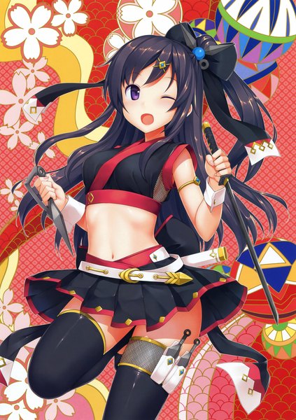 Anime picture 2326x3300 with original eshi 100-nin ten takayaki single long hair tall image looking at viewer blush highres open mouth black hair smile standing purple eyes holding pleated skirt one eye closed wink scan bare belly