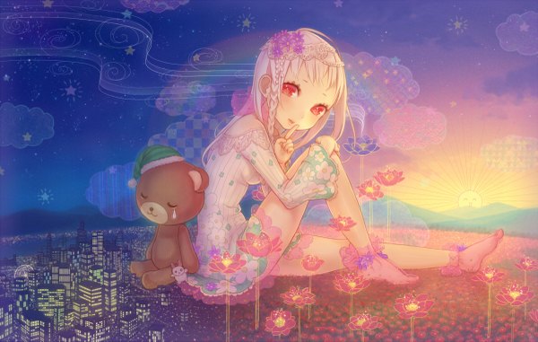 Anime picture 1200x763 with original inase red eyes cloud (clouds) white hair braid (braids) hair flower tears city finger to mouth evening sunset girl dress hair ornament flower (flowers) star (symbol) star (stars) teddy bear rainbow