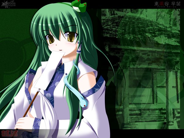 Anime picture 1600x1200 with touhou kochiya sanae side b single long hair looking at viewer blush fringe hair between eyes yellow eyes traditional clothes parted lips japanese clothes green hair miko green background girl detached sleeves animal snake