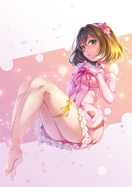 Anime picture 708x1000 with idolmaster idolmaster cinderella girls takagaki kaede miazi single tall image looking at viewer fringe short hair open mouth light erotic hair between eyes brown hair bare shoulders full body barefoot aqua eyes mole mole under eye frilly skirt