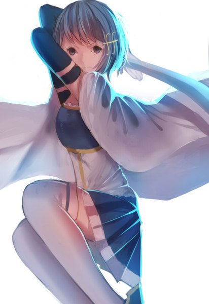 Anime picture 2031x2952 with mahou shoujo madoka magica shaft (studio) miki sayaka tadatsu single tall image looking at viewer fringe highres short hair simple background white background blue hair bent knee (knees) pleated skirt arms up grey eyes serious girl skirt